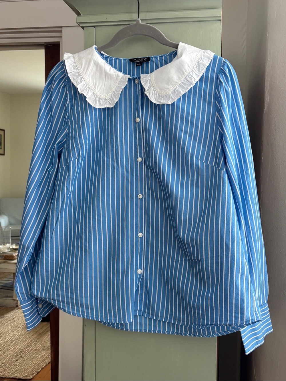 J. Crew Ruffle Collar Cotton Poplin Striped Shirt
